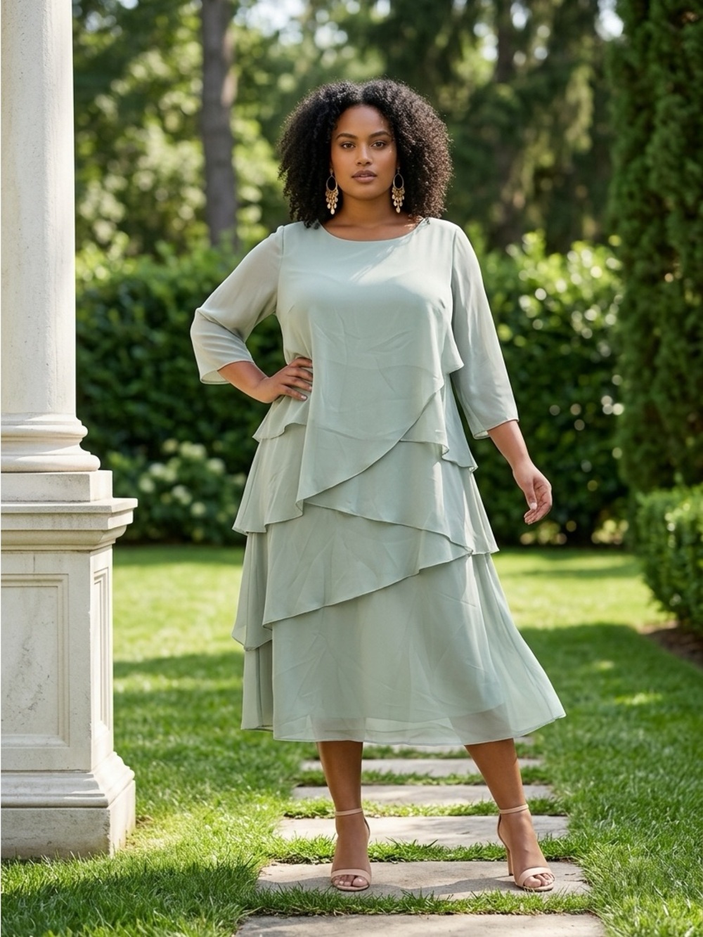 Elegant Layered Midi Dress in Sage Green